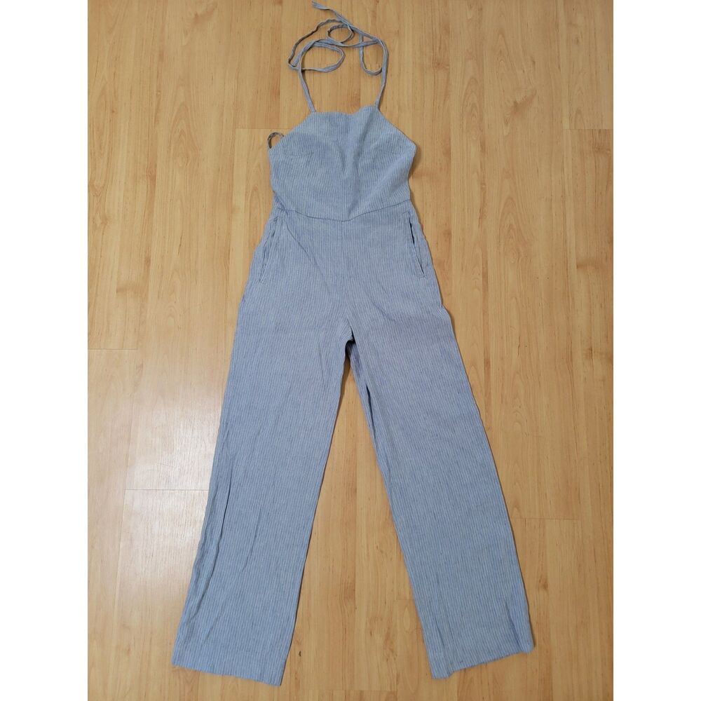 NWT Club Monaco Backless Linen Blend Pinstripe Jumpsuit Blue White 00 XXS